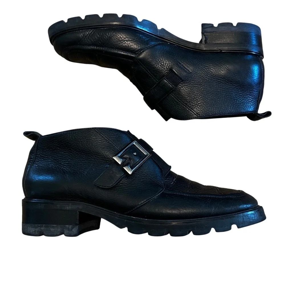 Etienne Aigner Black Leather Monk‎ Strap Lug Sole Loafer Boots Men's 8.5